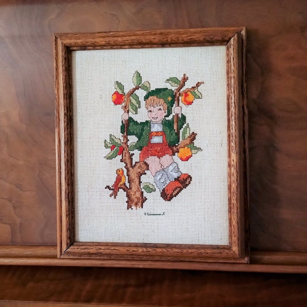 Vintage Hummel NeedlePoint “Boy Lederhosen Peach/Apple Tree Framed